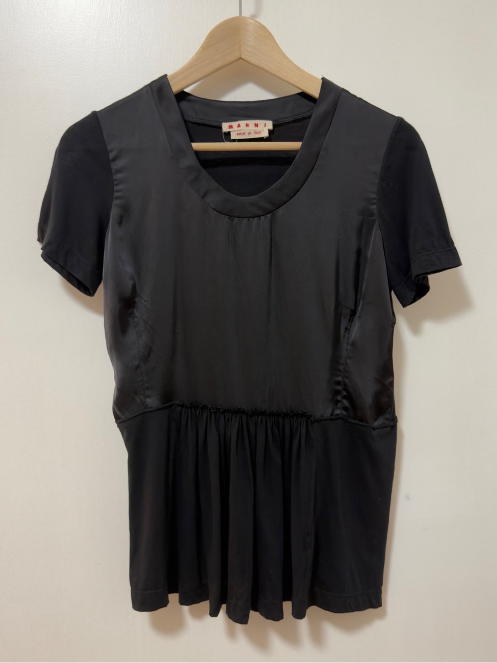 Marni Satin Peplum Hem Short Sleeve Blouse Top Womens 38 Black Italy